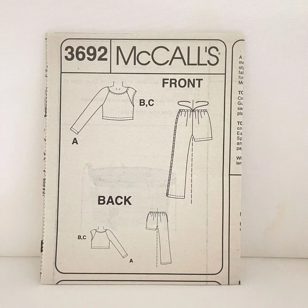 #3692 McCalls Girls Tops Drawstring Pants and Shorts Sewing Pattern Size 7-10